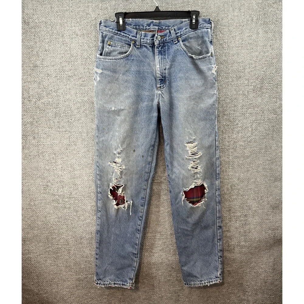 LL Bean Flannel lined Jeans distressed 34x32 (Fits 32x29.50) Made in‎ USA Ripped